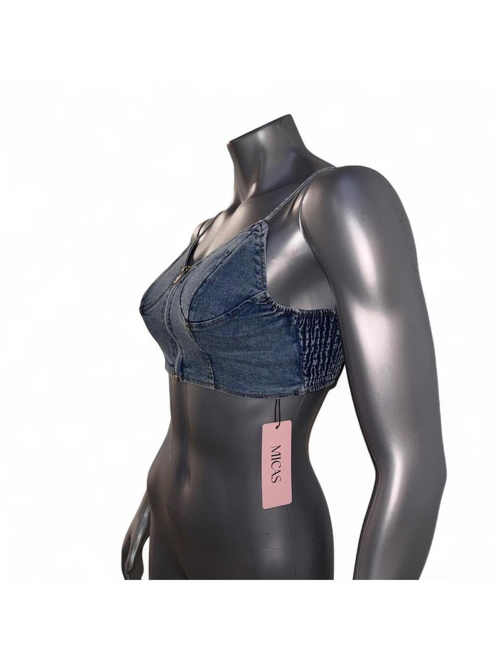 💎 NWT MICAS Denim Bustier Zip-Up Crop Top 💎